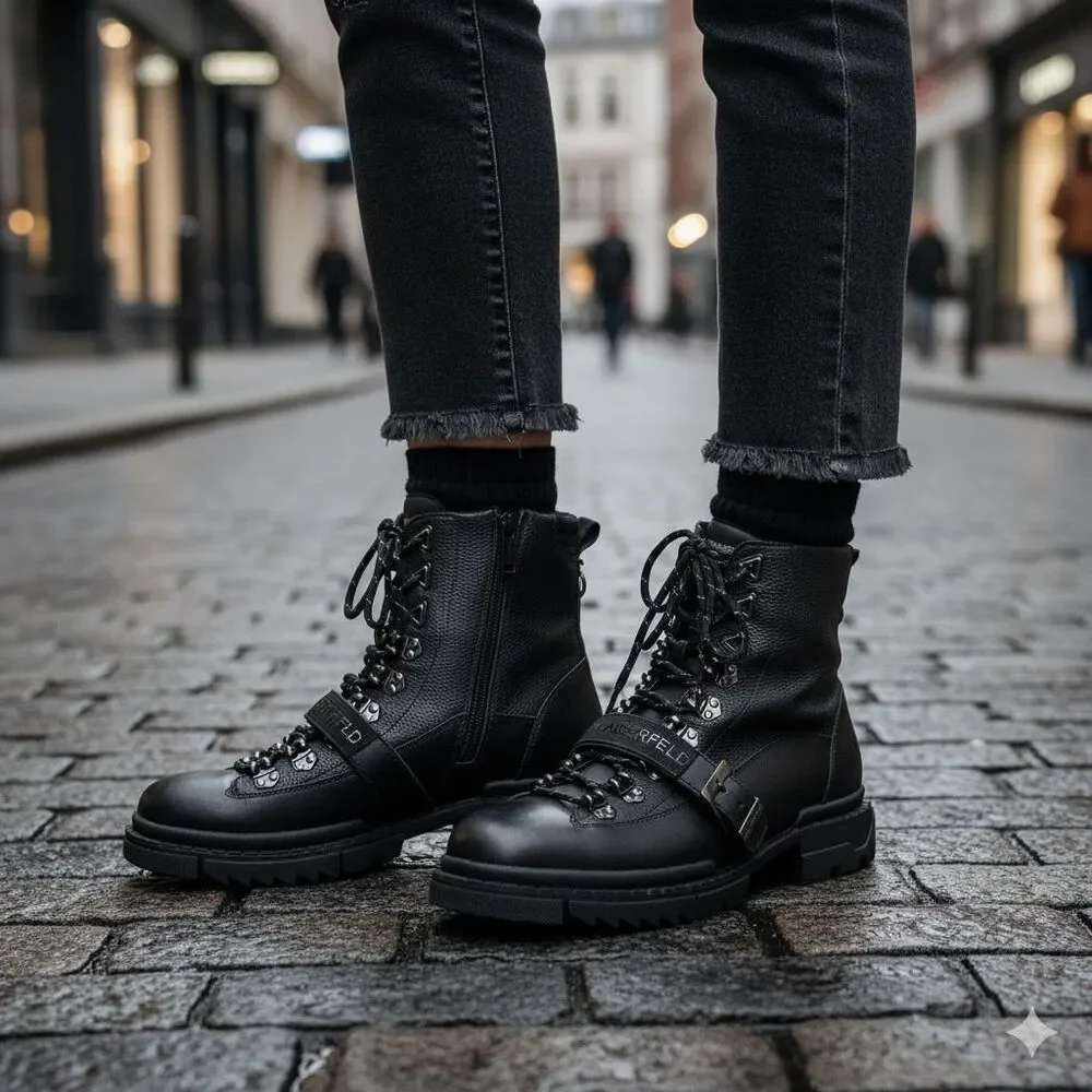 Karl Lagerfeld Paris Mens 13 Black Belted Leather Hiker Biker Boots NWOB